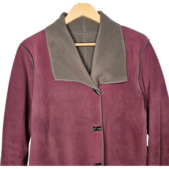 APSARA Womens Reversible Fleece Coat Medium Purple Taupe Horn Shape Buttons - Picture 2 of 10